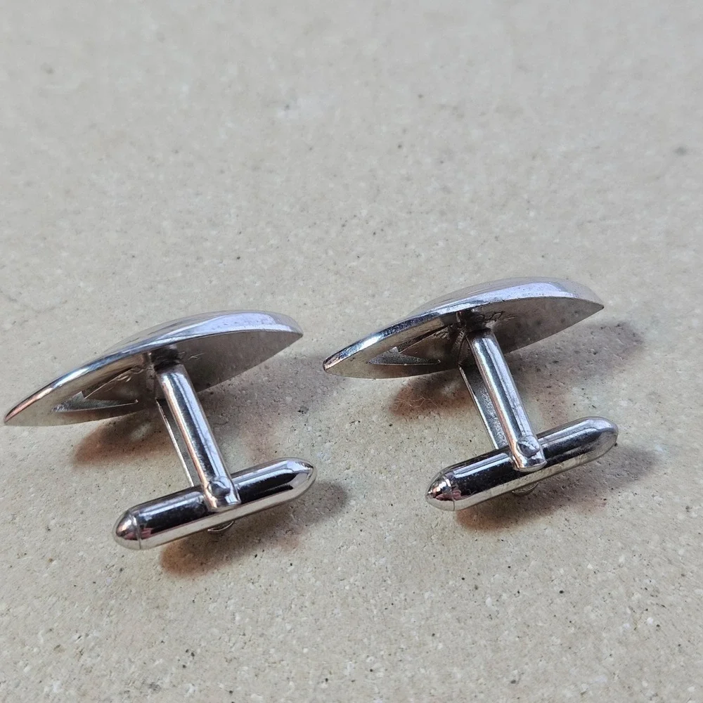Vtg 60s SWANK‎ Silver Tone Geometric Leaf Eye Shape Cutout Cufflinks Mid Century